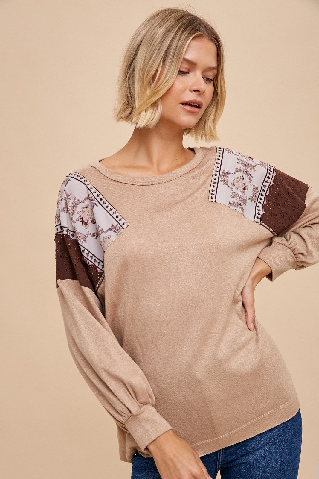 Boho Floral Contrast Knit Top (Ready to ship)