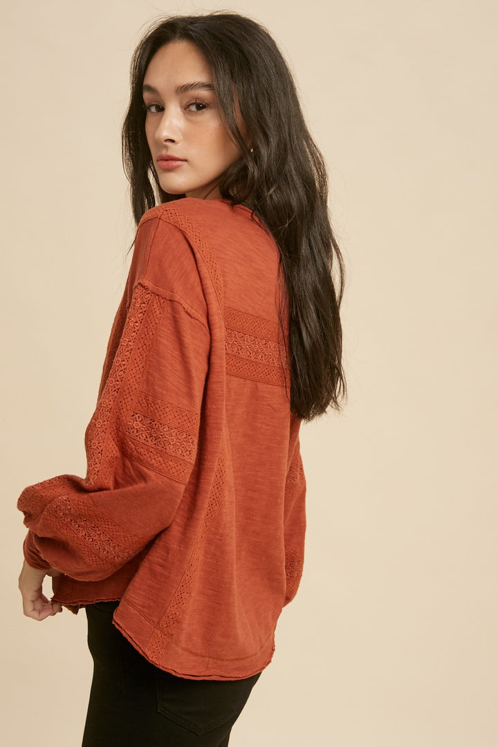 Rust Lace Inset Long Sleeve Top (Ready to ship)