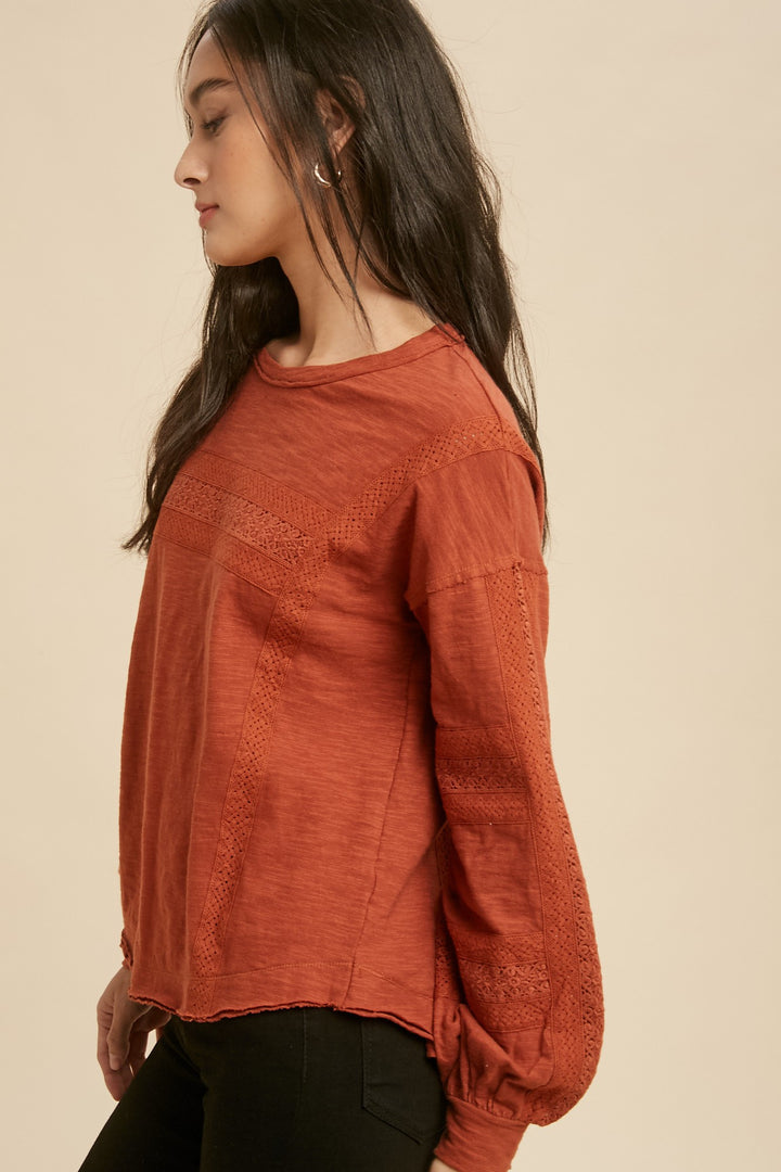 Rust Lace Inset Long Sleeve Top (Ready to ship)