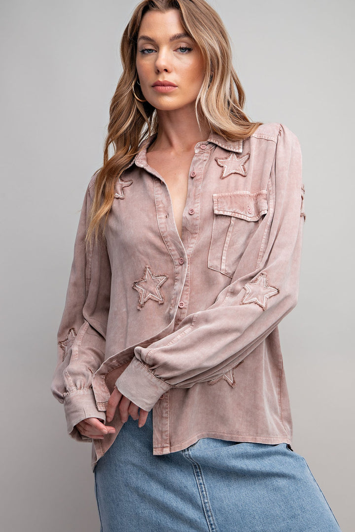 Star Patch Washed Button Down Top (Ready to ship)