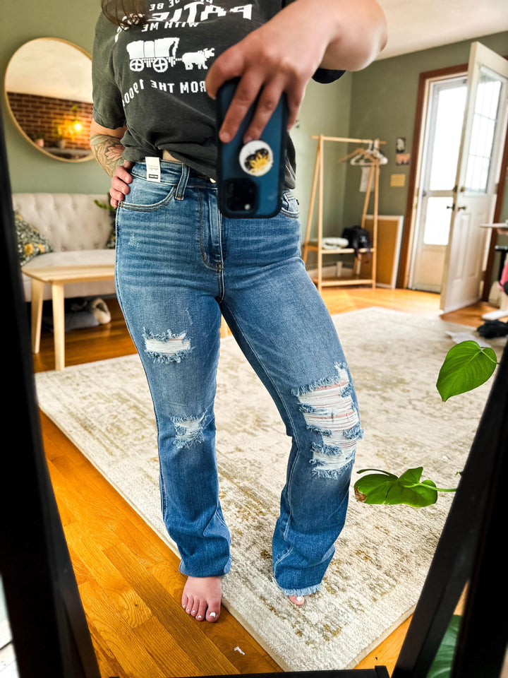 High Waist Destroyed Bootcut Jeans (Ready to ship)
