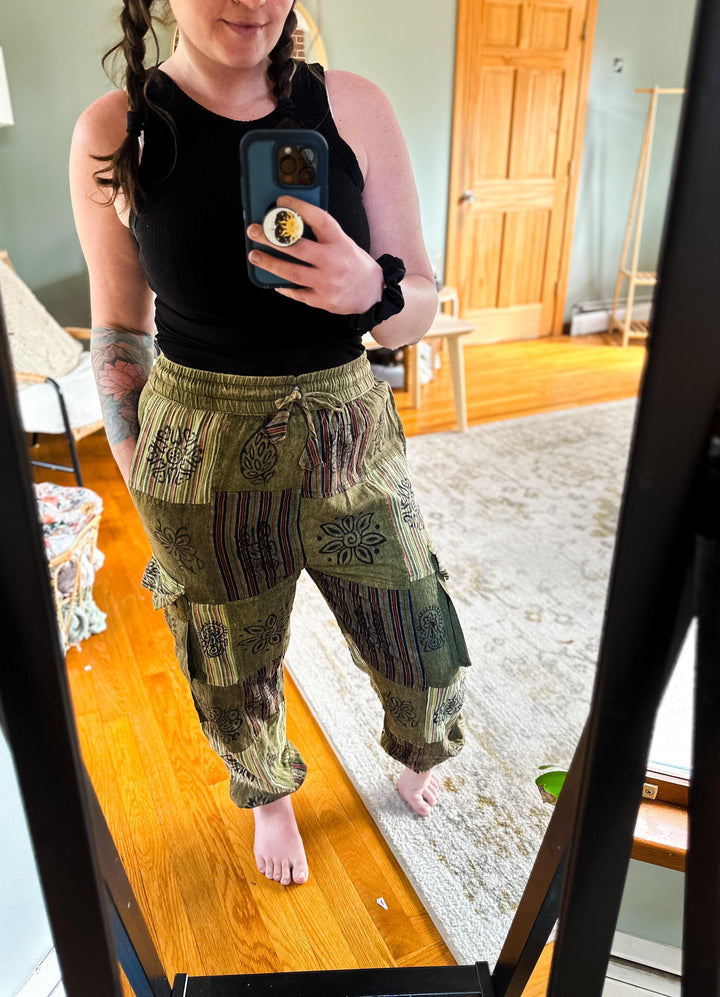 Boho Style Olive Sun Patchwork Pants (Ready to ship)