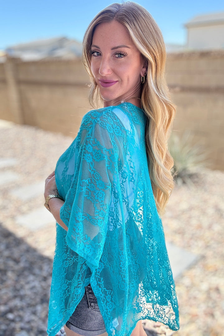 Good Days Ahead Lace Kimono In Teal