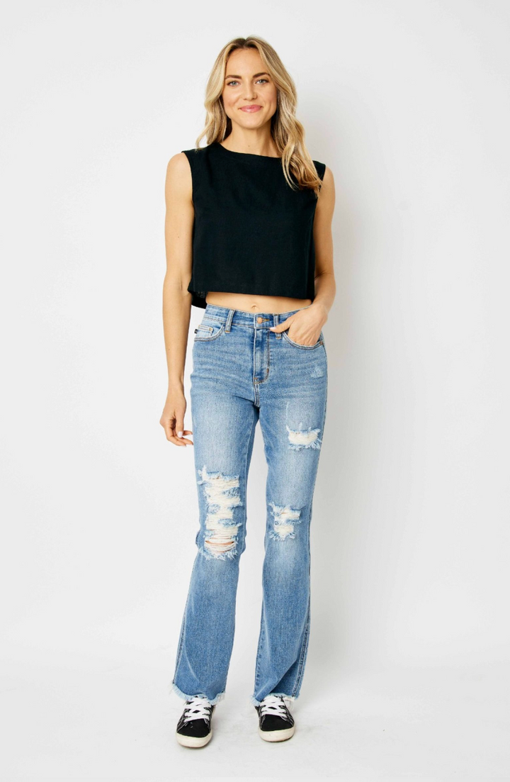 High Waist Destroyed Bootcut Jeans (Ready to ship)