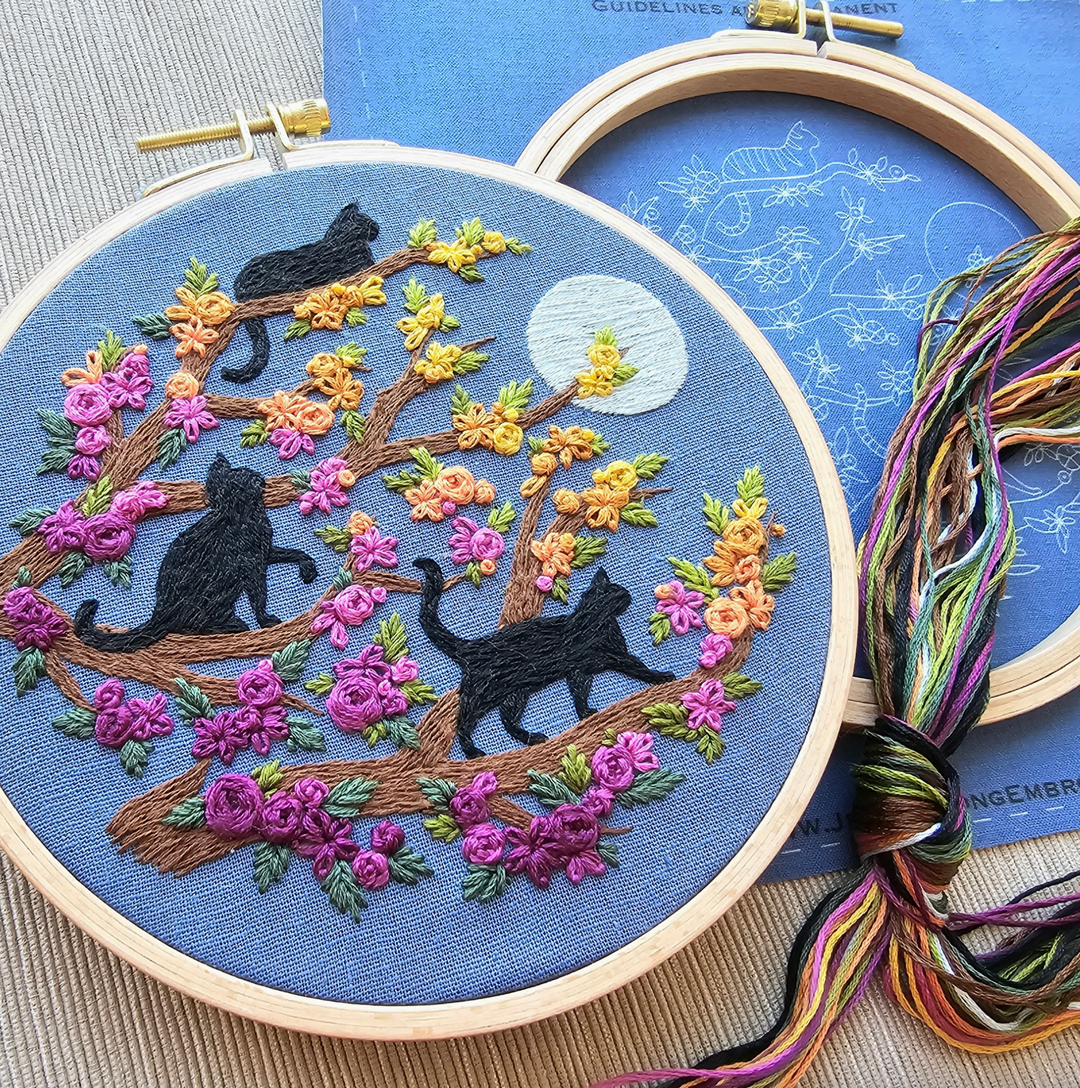 Cats & Full Moon Embroidery Kit (Ready To Ship)