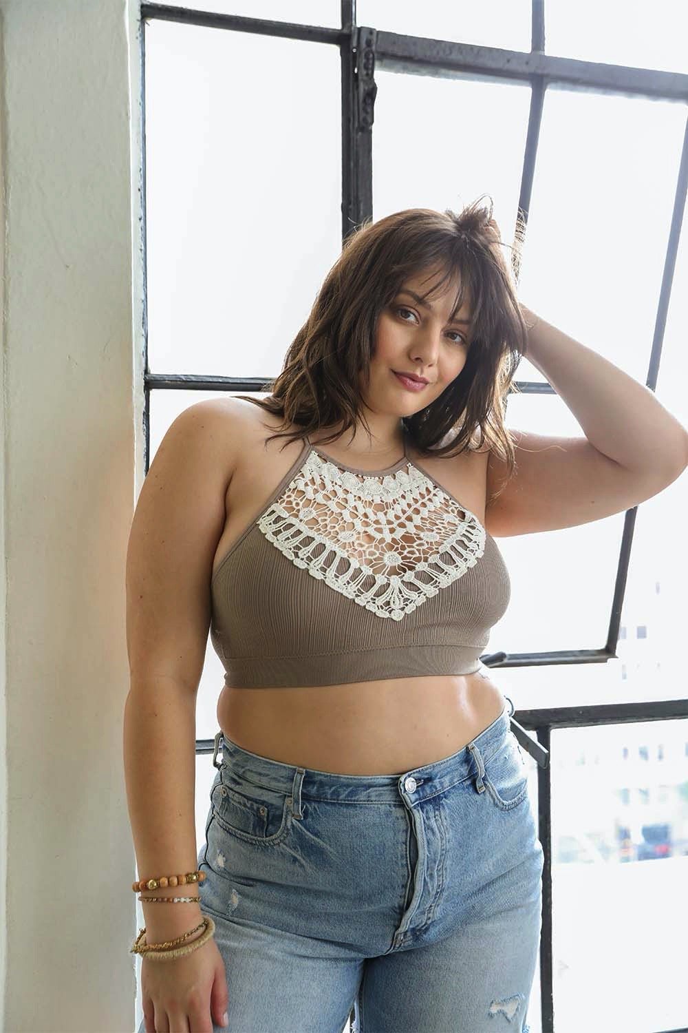 Crochet Lace Bralette Plus Size XL / Mocha