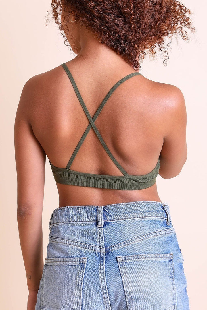 Crochet lace halter olive bralette for casual and dressy looks.