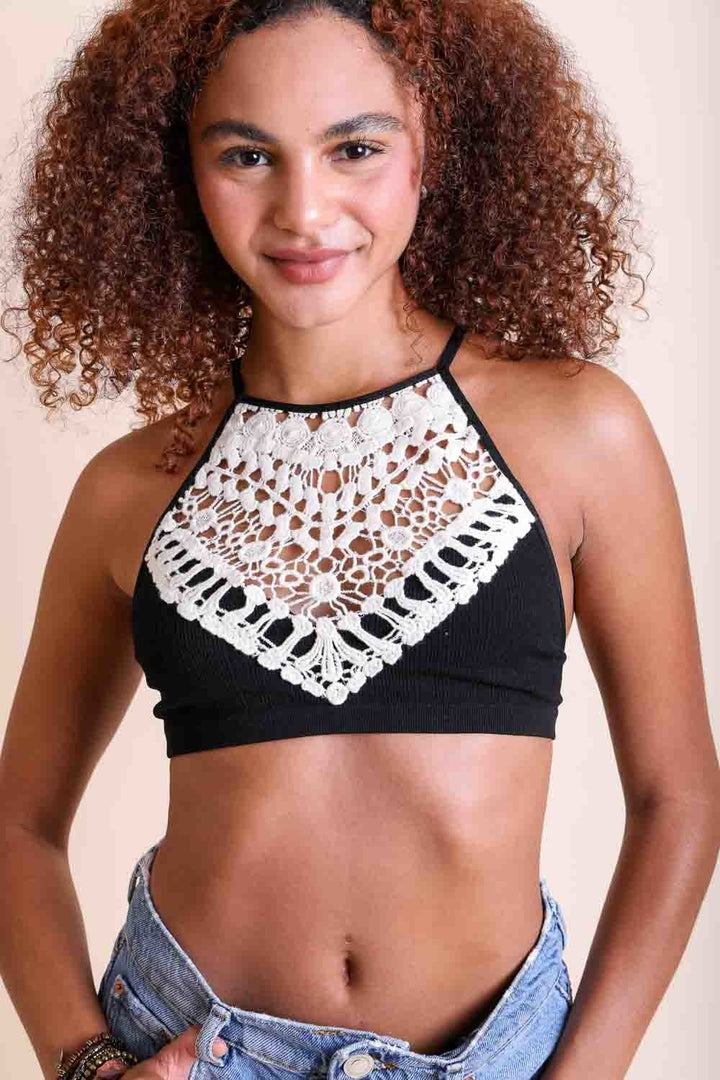 High neck halter black bralette with lace and stretchy fabric.