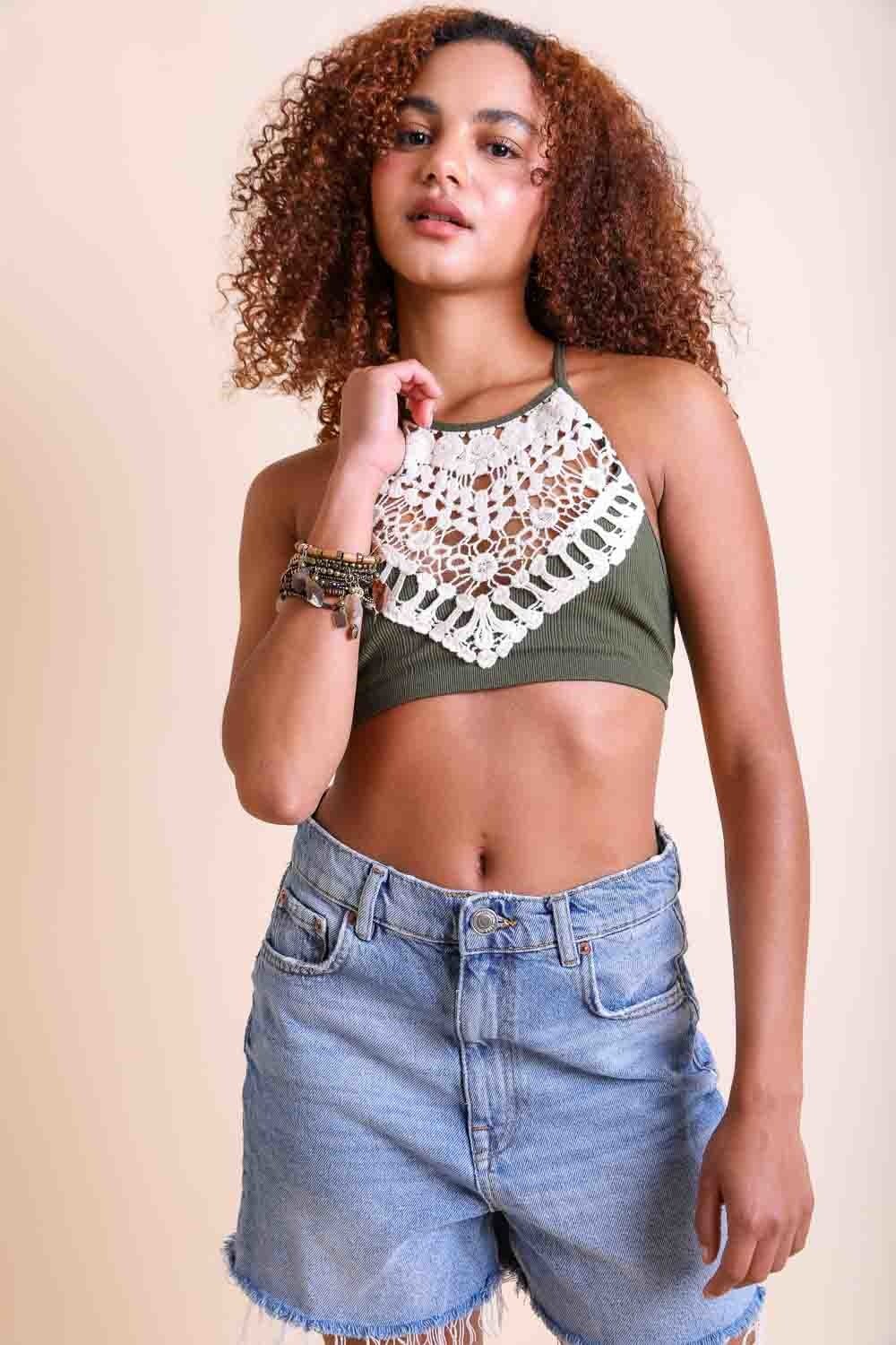 Elegant crochet lace high-neck olive bralette for layering.