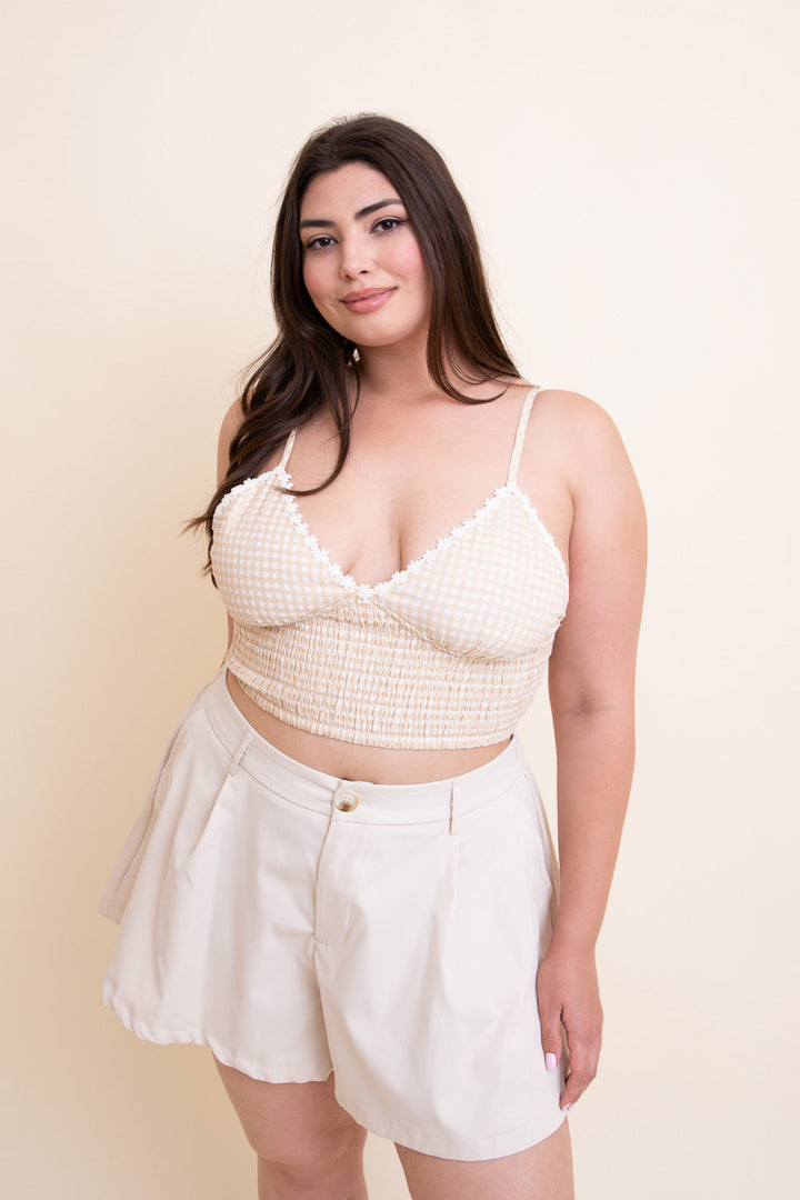 Gingham Smocked Bralette Plus Size Beige