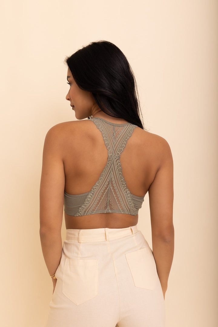 Lacey racerback seamless sage bralette with soft and stretchy lace design.